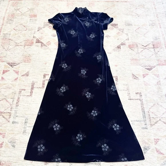 Vintage 90’s Navy velvet floral maxi dress short sleeves high neck size 4 petite - Picture 9 of 10